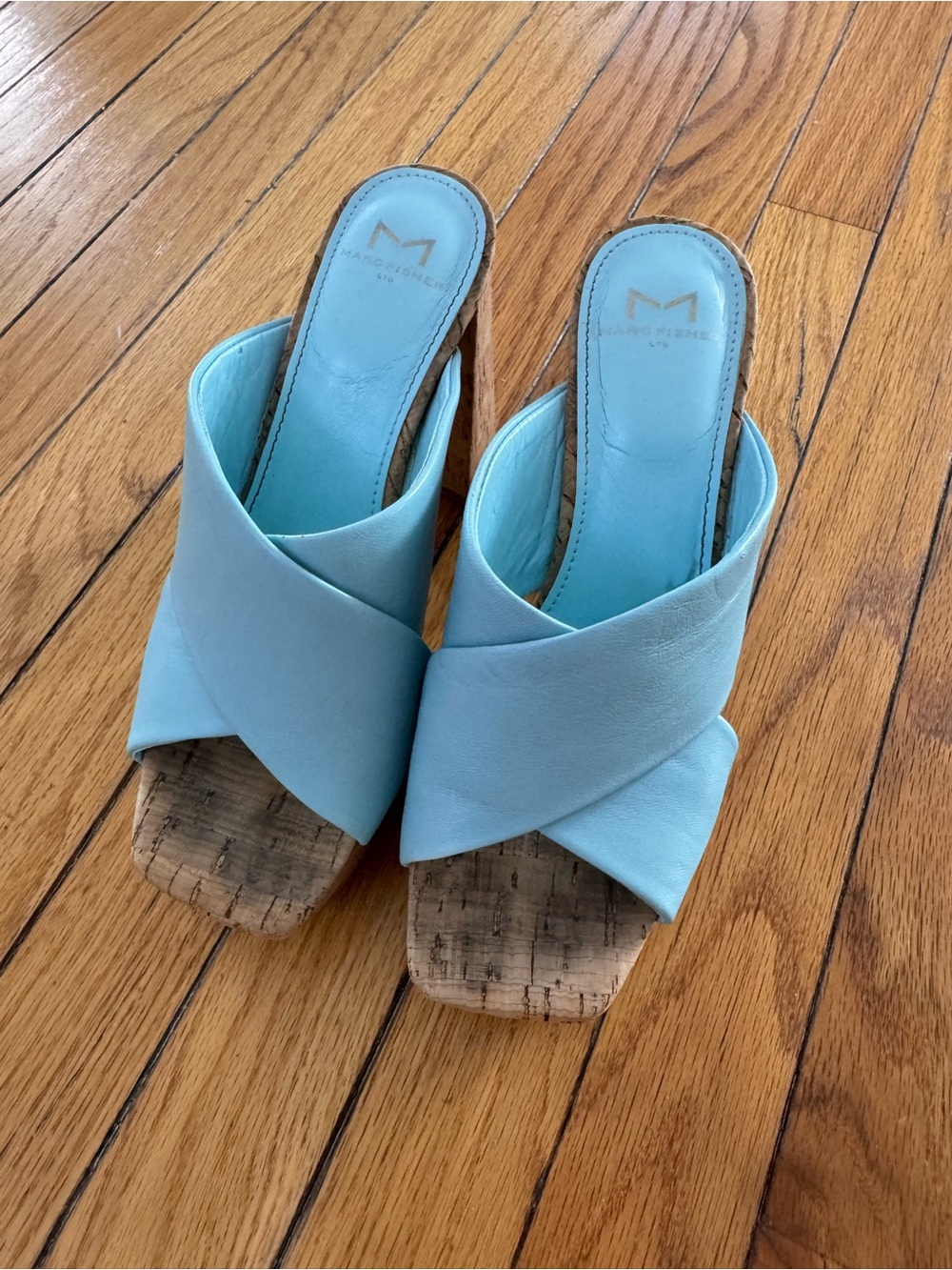 Marc Fisher Sky Blue Crossover Cork Slide Heels